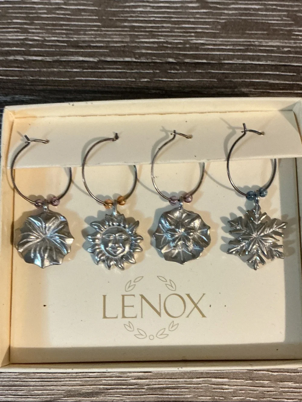Lenox NEW IN BOX 4 Seasons Silver Wine Glass Charms Jewelry 1.5x0.75” Each